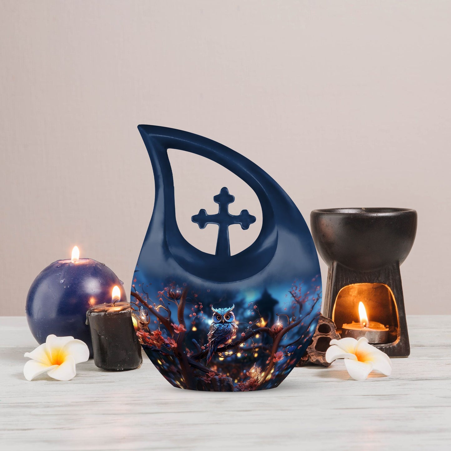 10-inch owl urn with cross drop design, customizable 