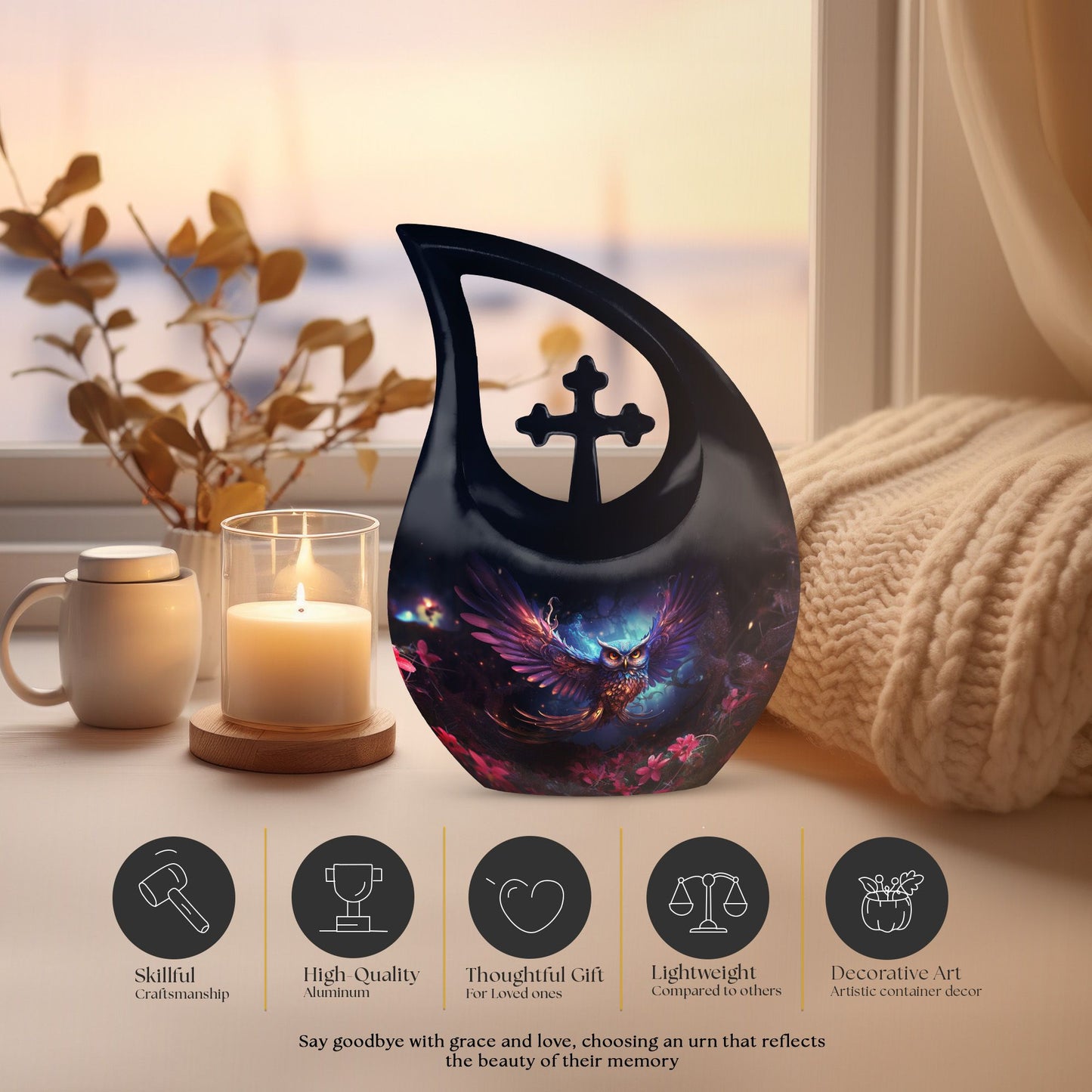 10-inch owl themed Cross Drop design Aluminium urn 