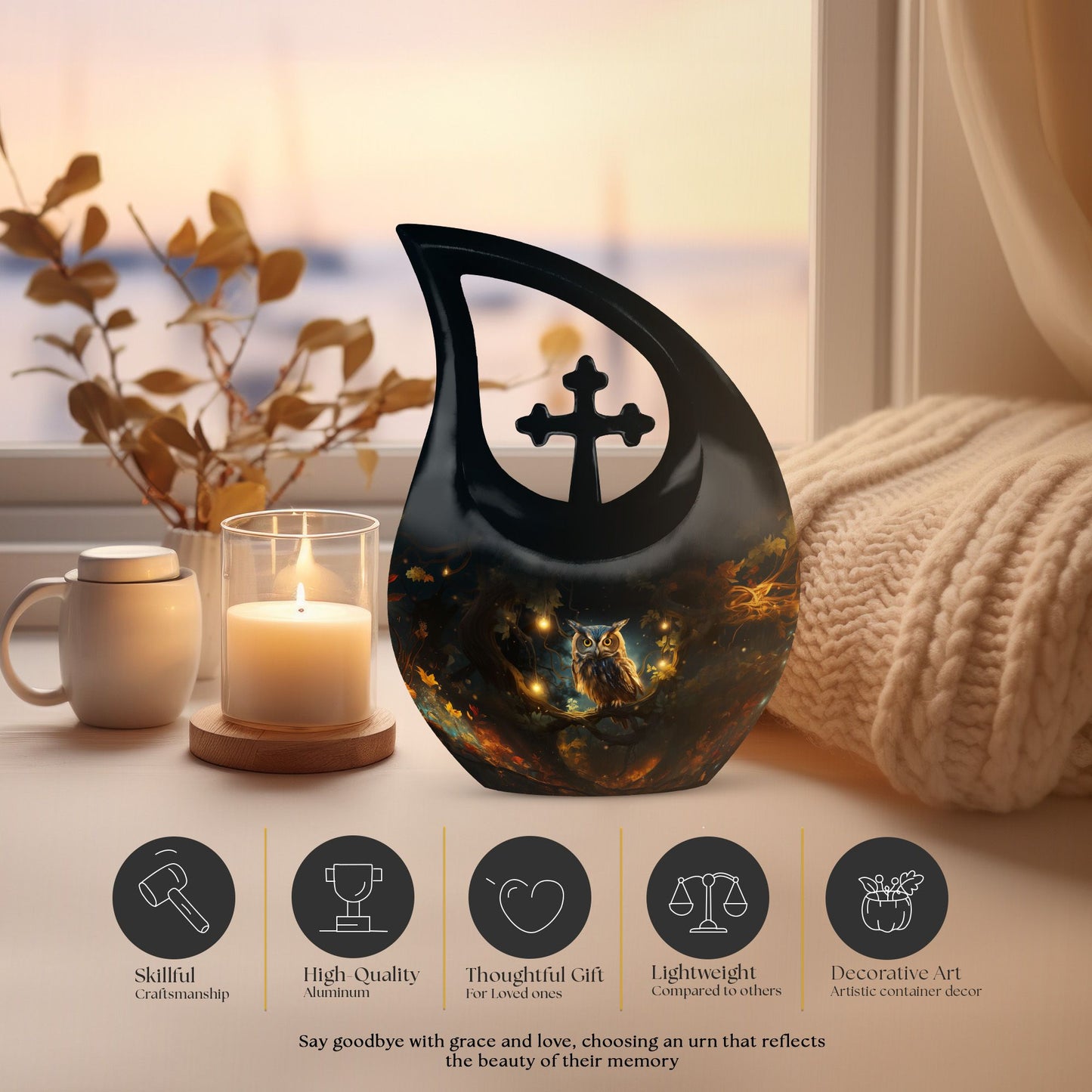 10-inch Aluminium Owl Urn with Cross Drop design