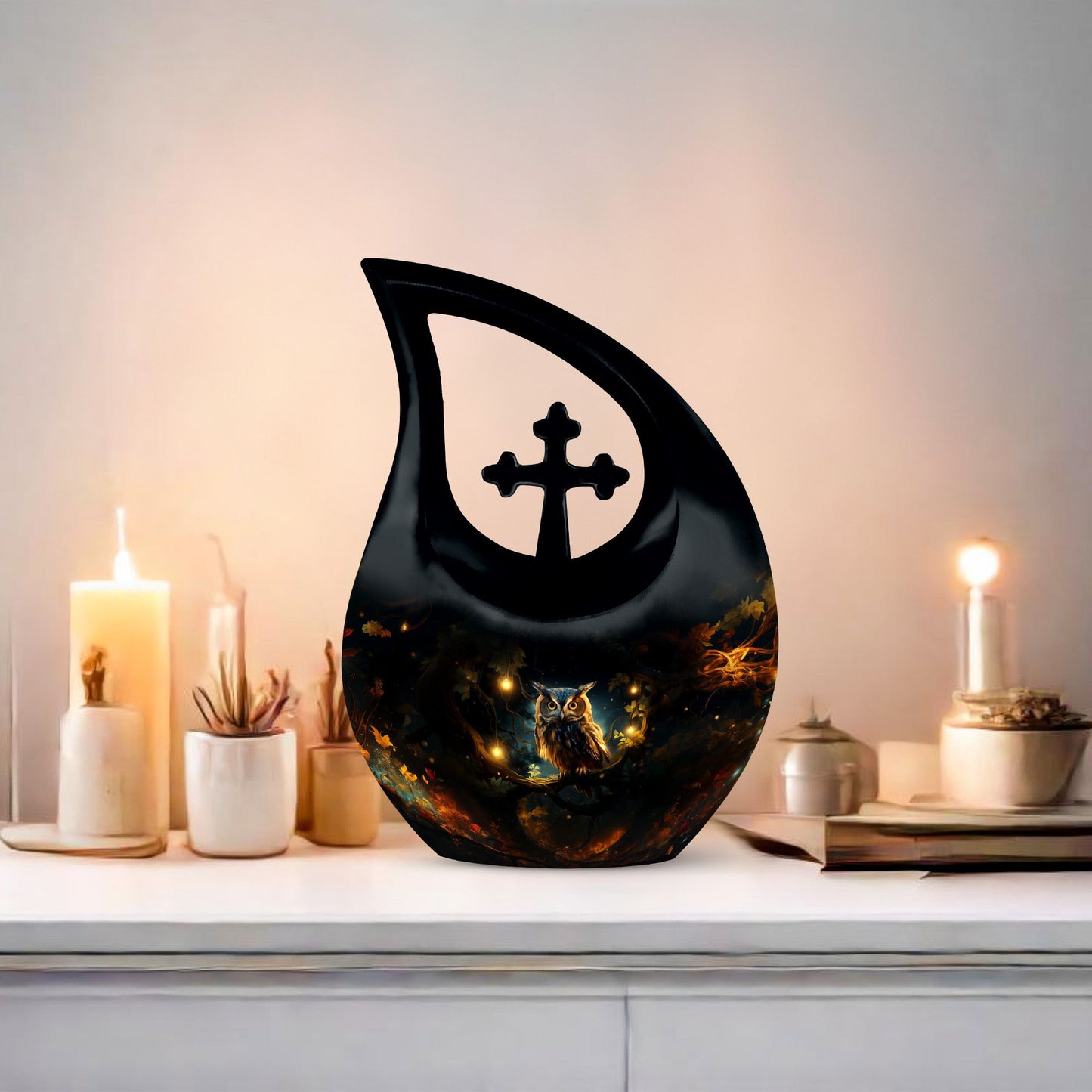 10-inch Aluminium Owl Urn with Cross Drop design