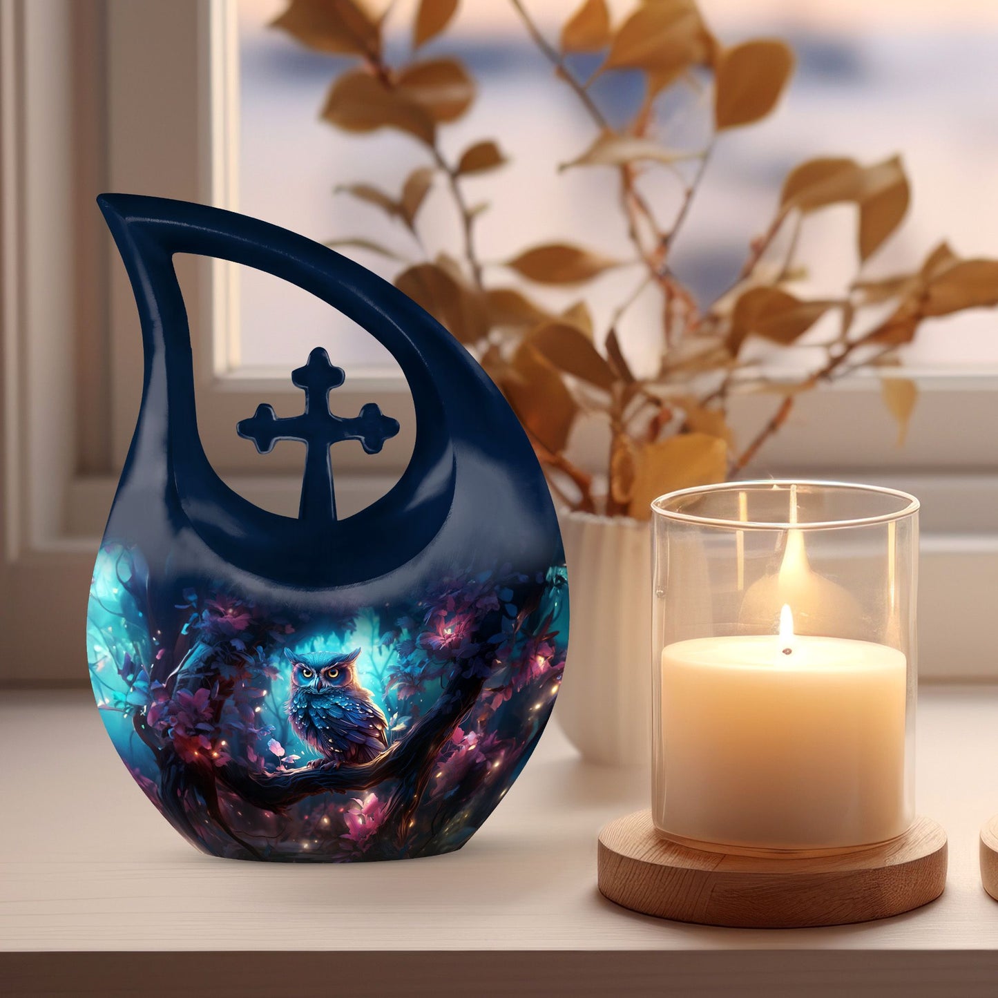 10-Inch Owl Urn with Cross Drop Design, Comes 