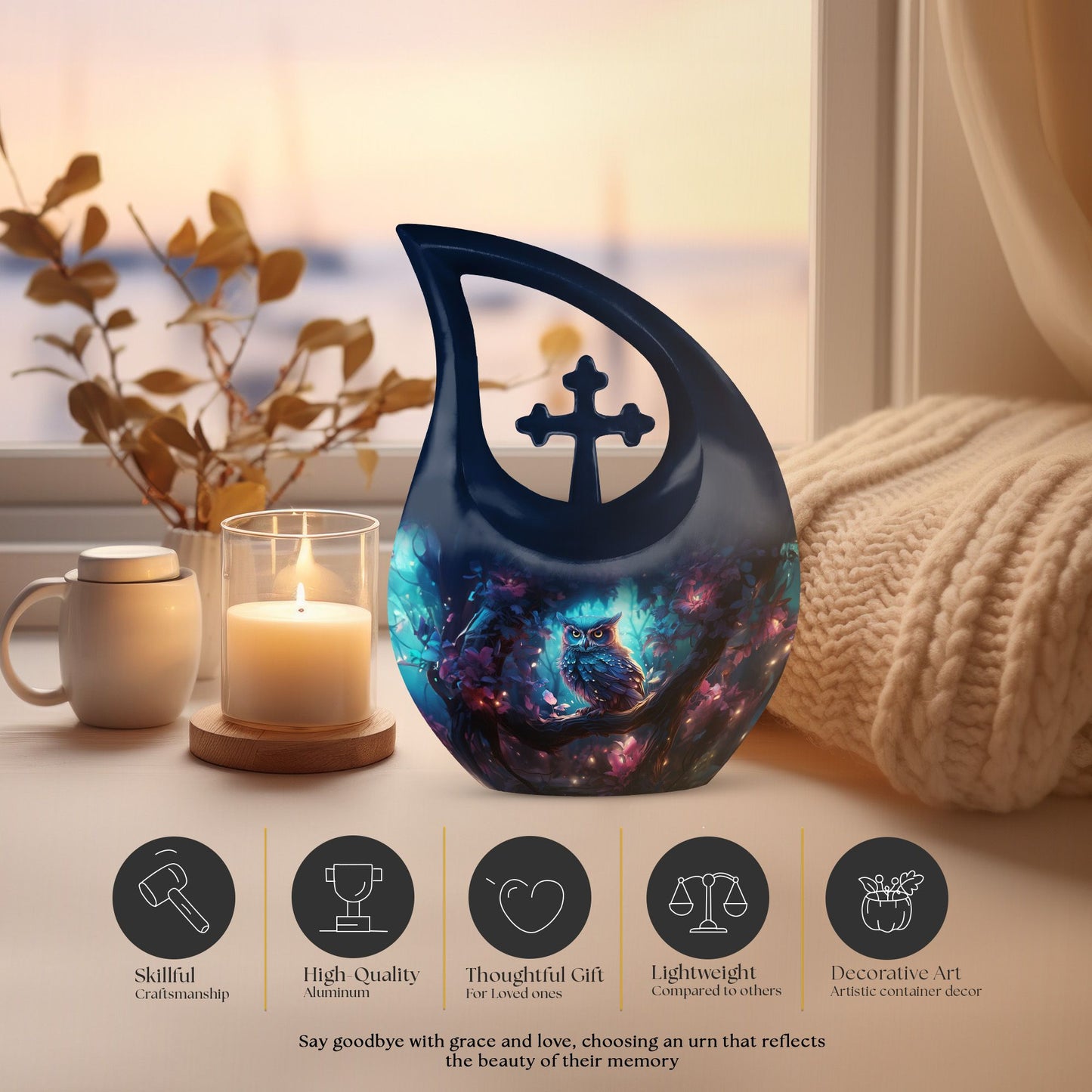 10-Inch Owl Urn with Cross Drop Design, Comes 