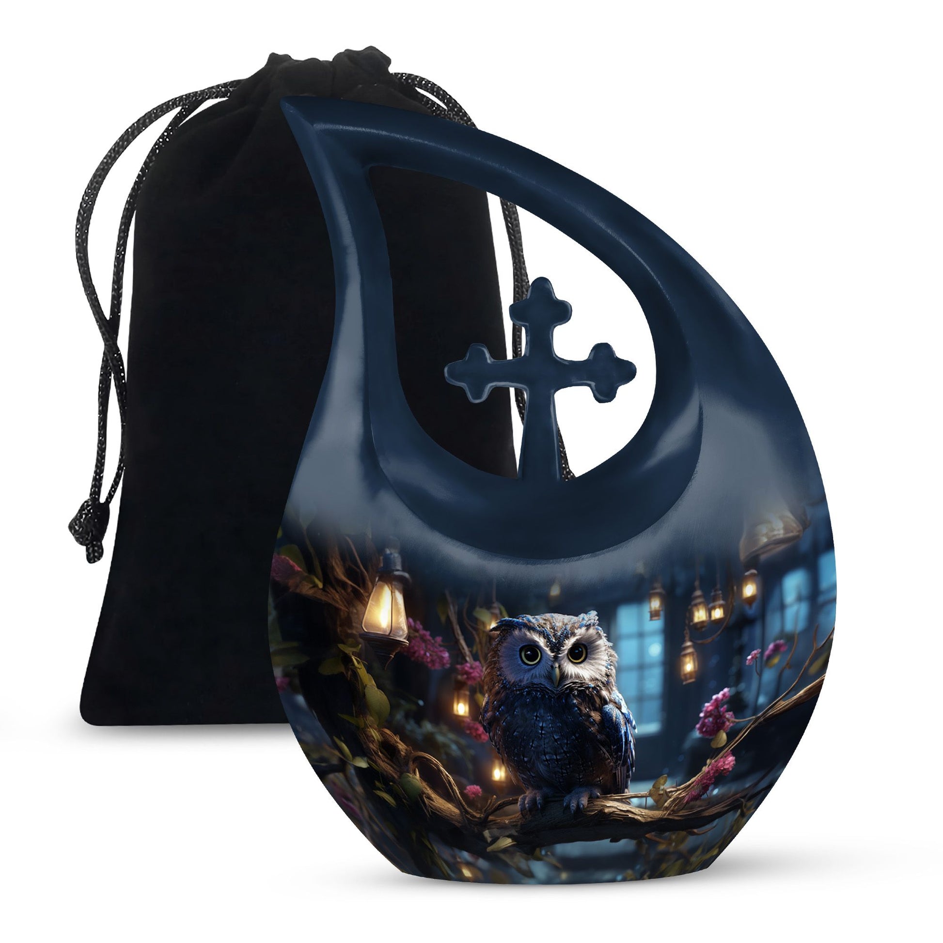 Owl themed 10-inch cross drop aluminium urn 