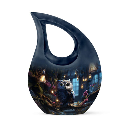 Owl themed 10-inch cross drop aluminium urn 