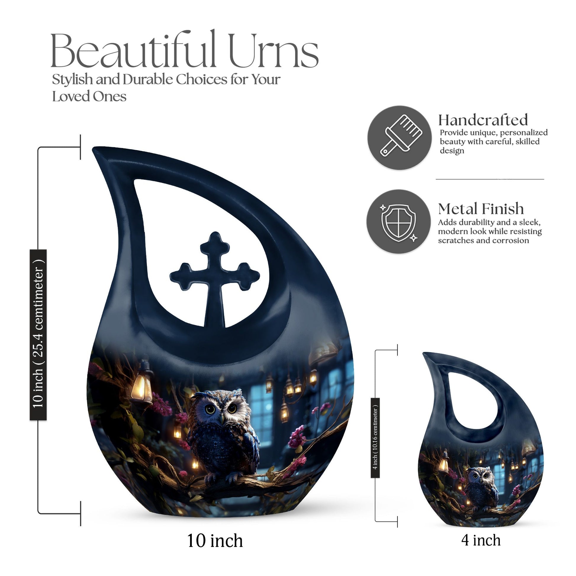 Owl themed 10-inch cross drop aluminium urn 
