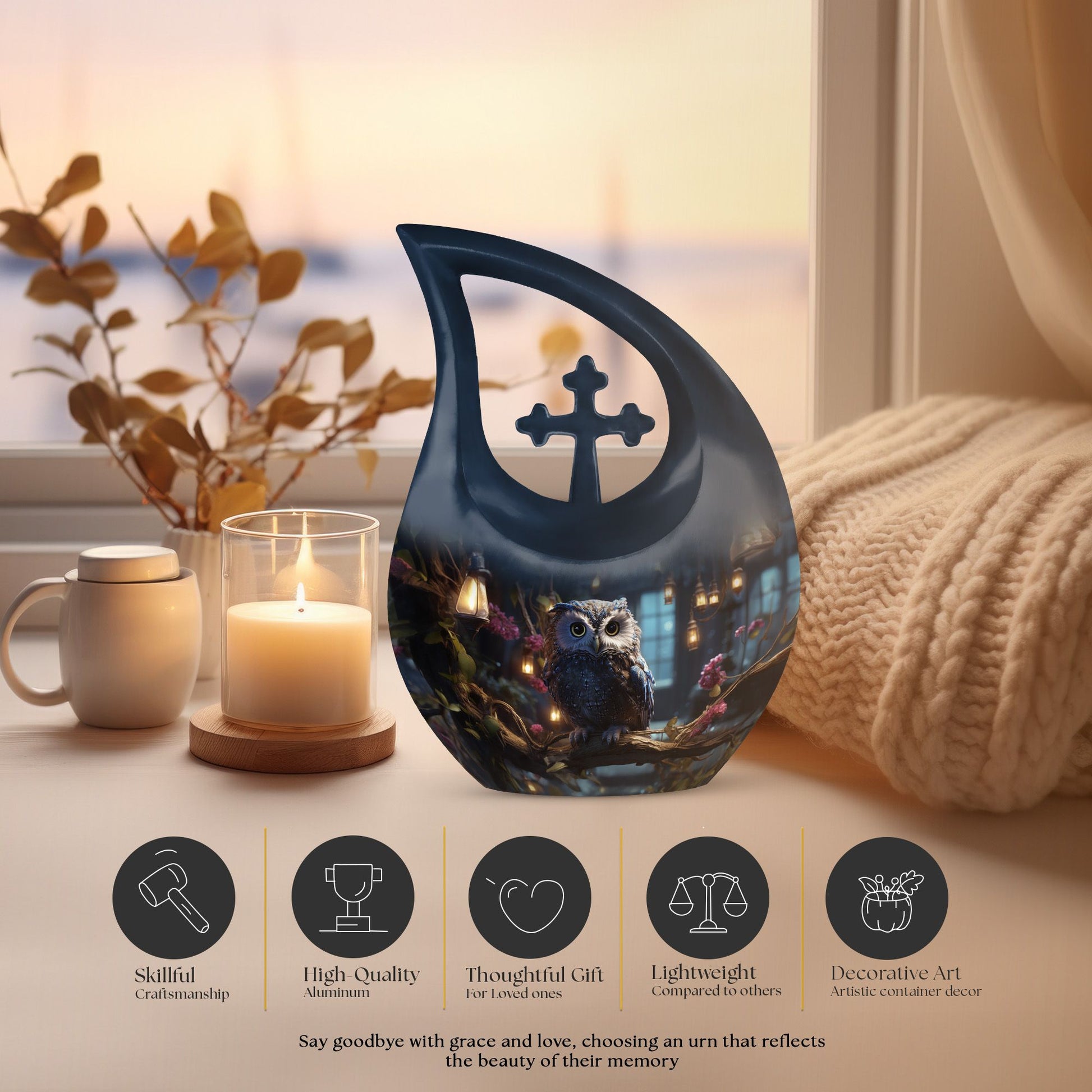 Owl themed 10-inch cross drop aluminium urn 