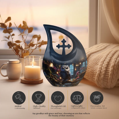 Owl themed 10-inch cross drop aluminium urn 