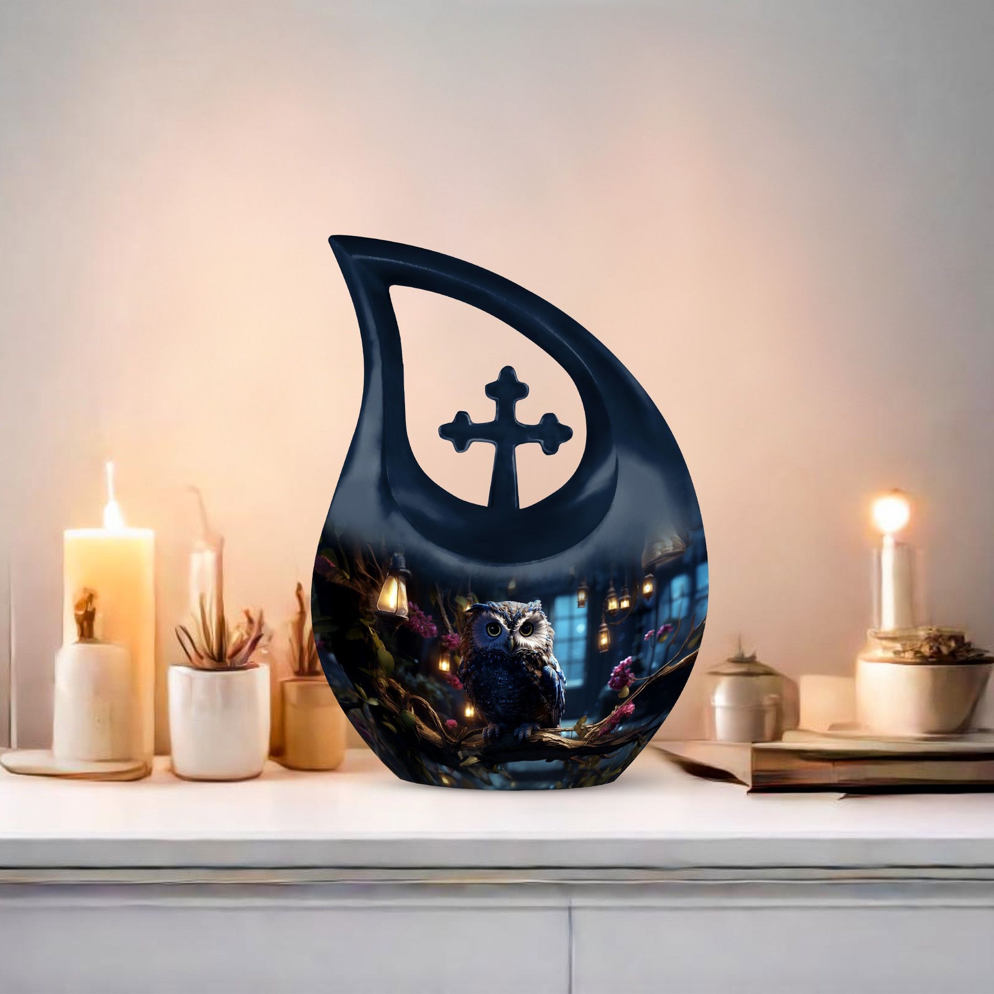 Owl themed 10-inch cross drop aluminium urn 