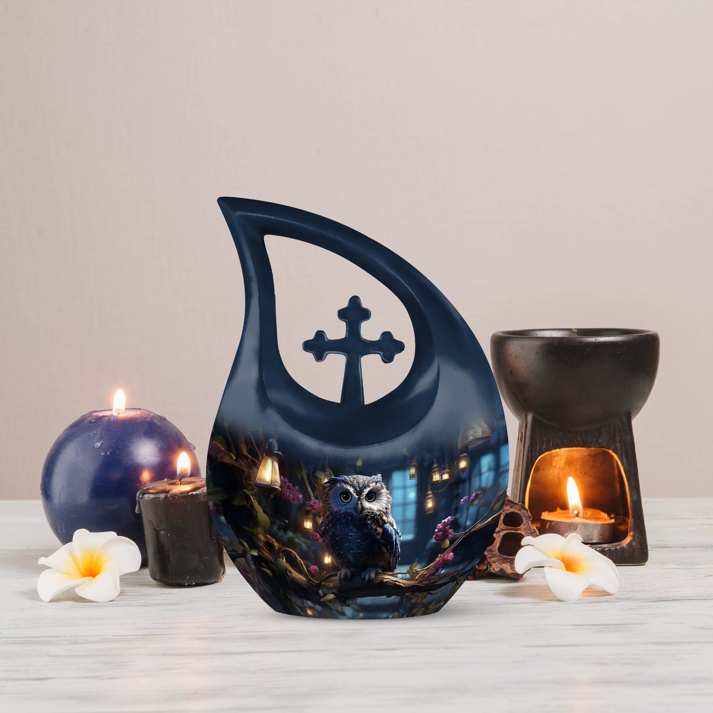 Owl themed 10-inch cross drop aluminium urn 