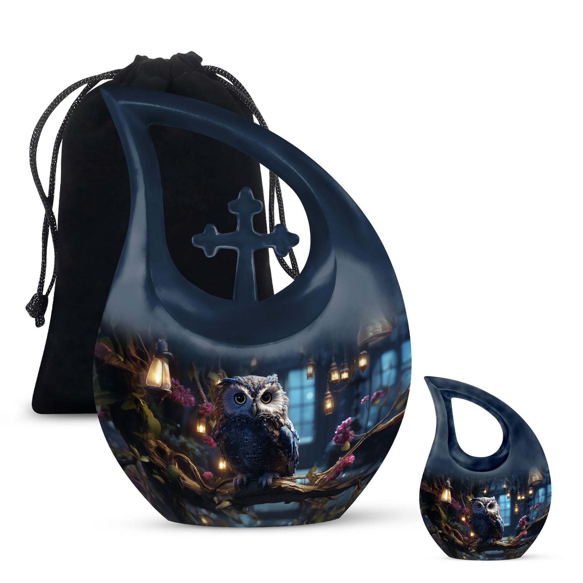 Owl themed 10-inch cross drop aluminium urn 