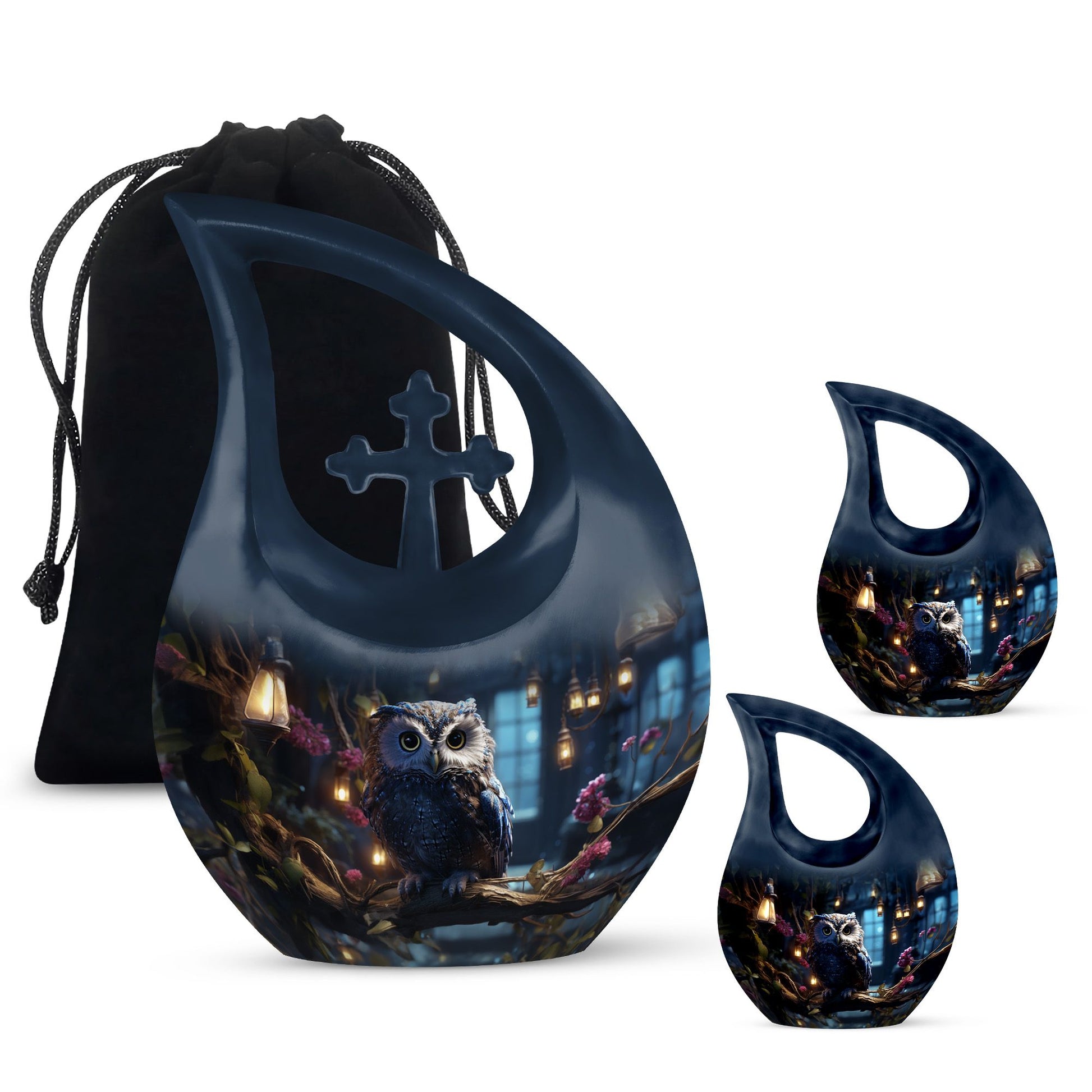 Owl themed 10-inch cross drop aluminium urn 