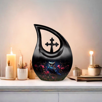 10-inch Owl Urn with Cross Drop design,
