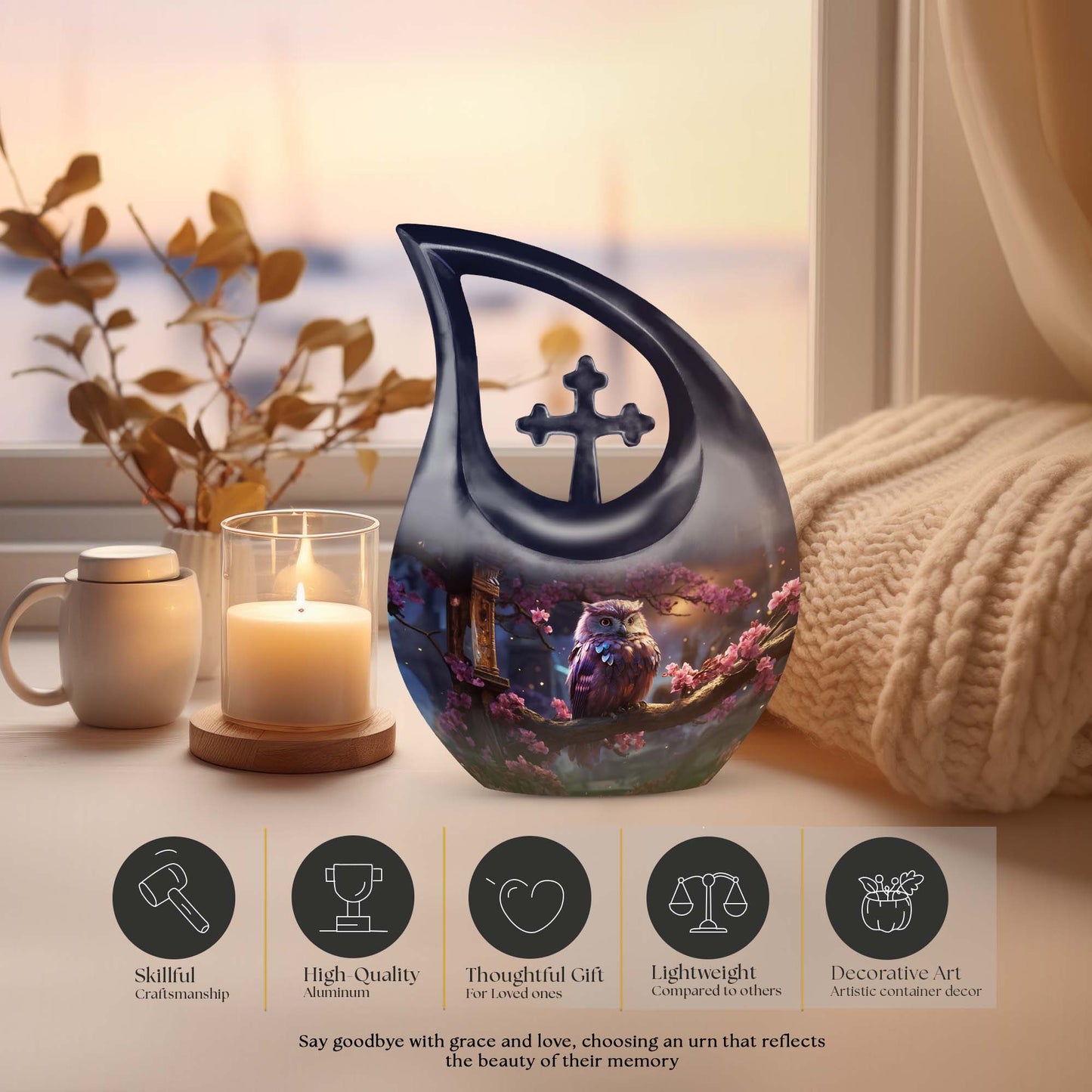 10-inch Owl Urn with Cross Drop design