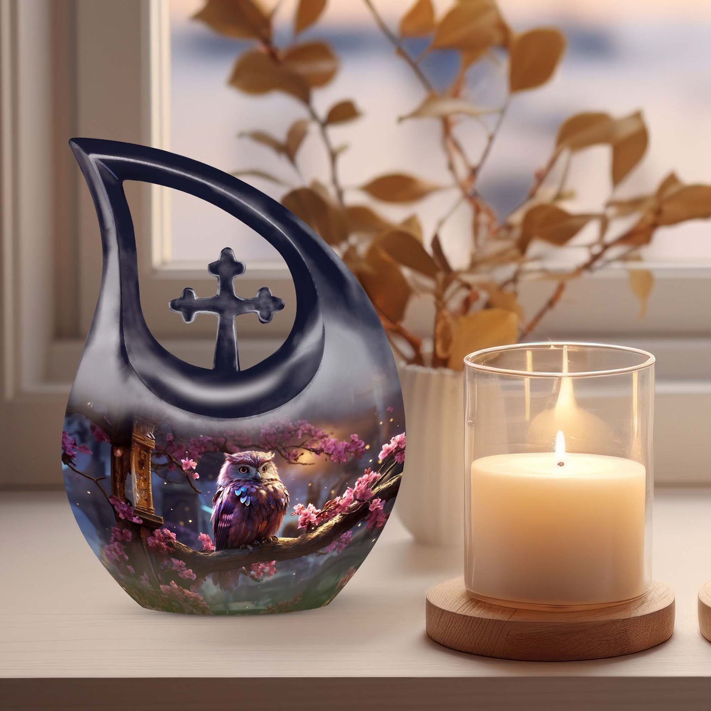 10-inch Owl Urn with Cross Drop design