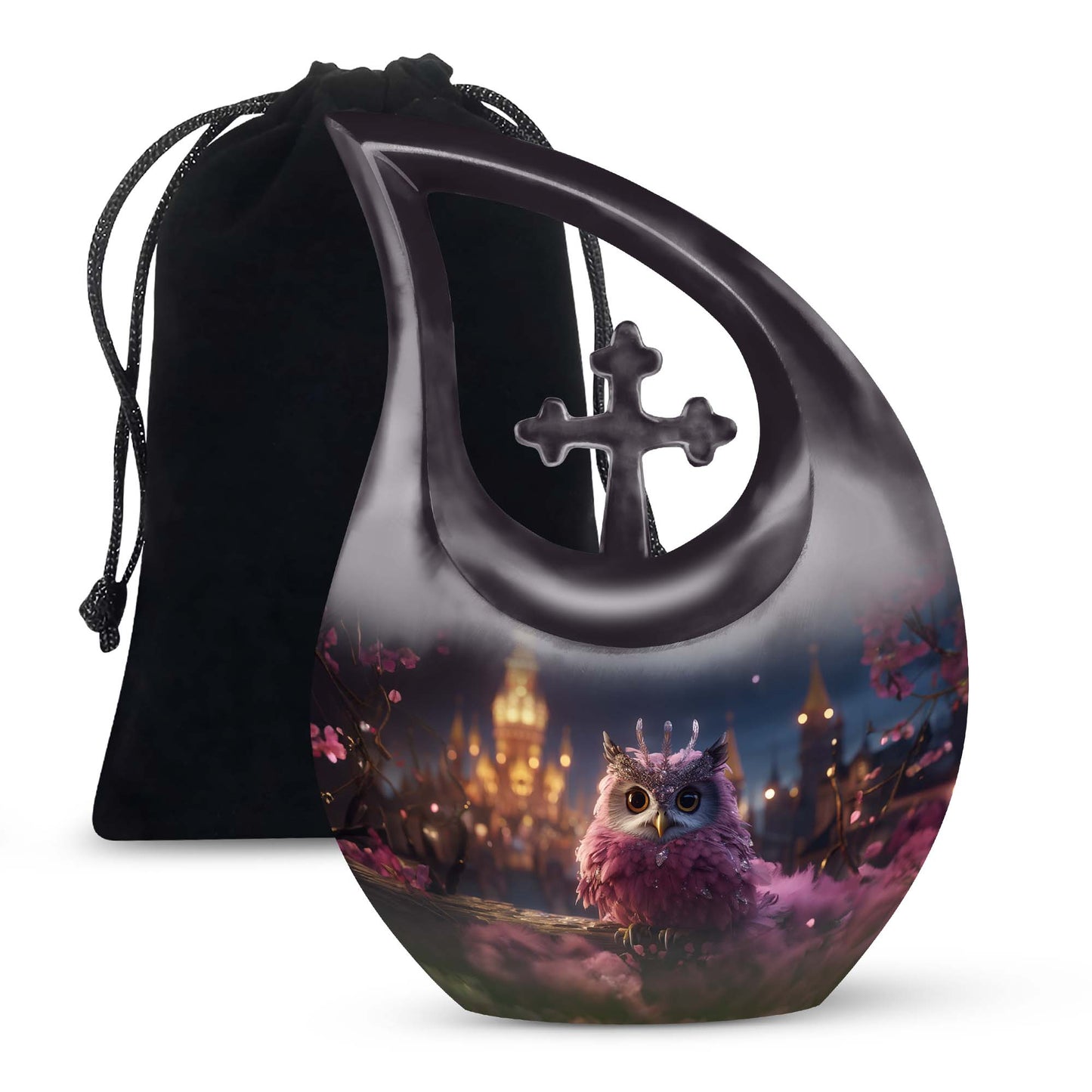 10 Inch Owl Themed Aluminium Urn with Cross Drop Design, 