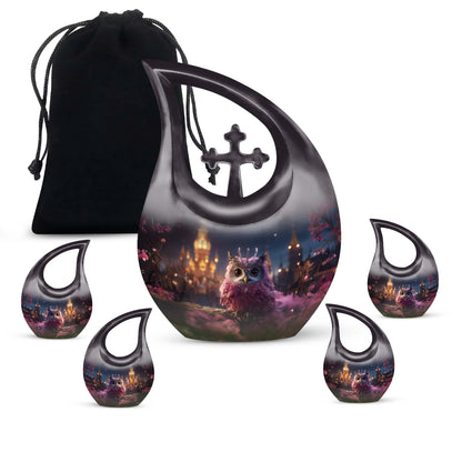 10 Inch Owl Themed Aluminium Urn with Cross Drop Design, 