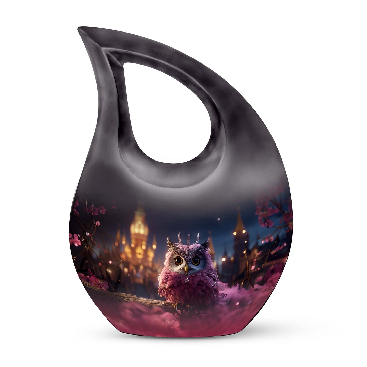 10 Inch Owl Themed Aluminium Urn with Cross Drop Design, 