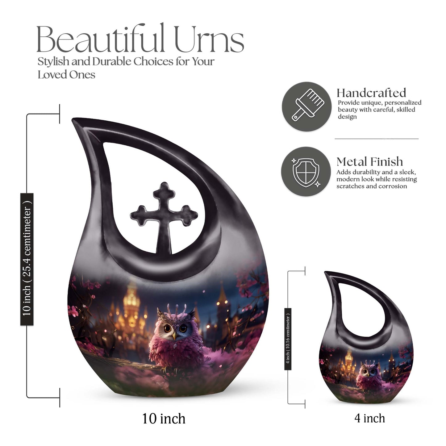10 Inch Owl Themed Aluminium Urn with Cross Drop Design, 