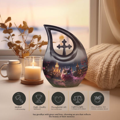 10 Inch Owl Themed Aluminium Urn with Cross Drop Design, 