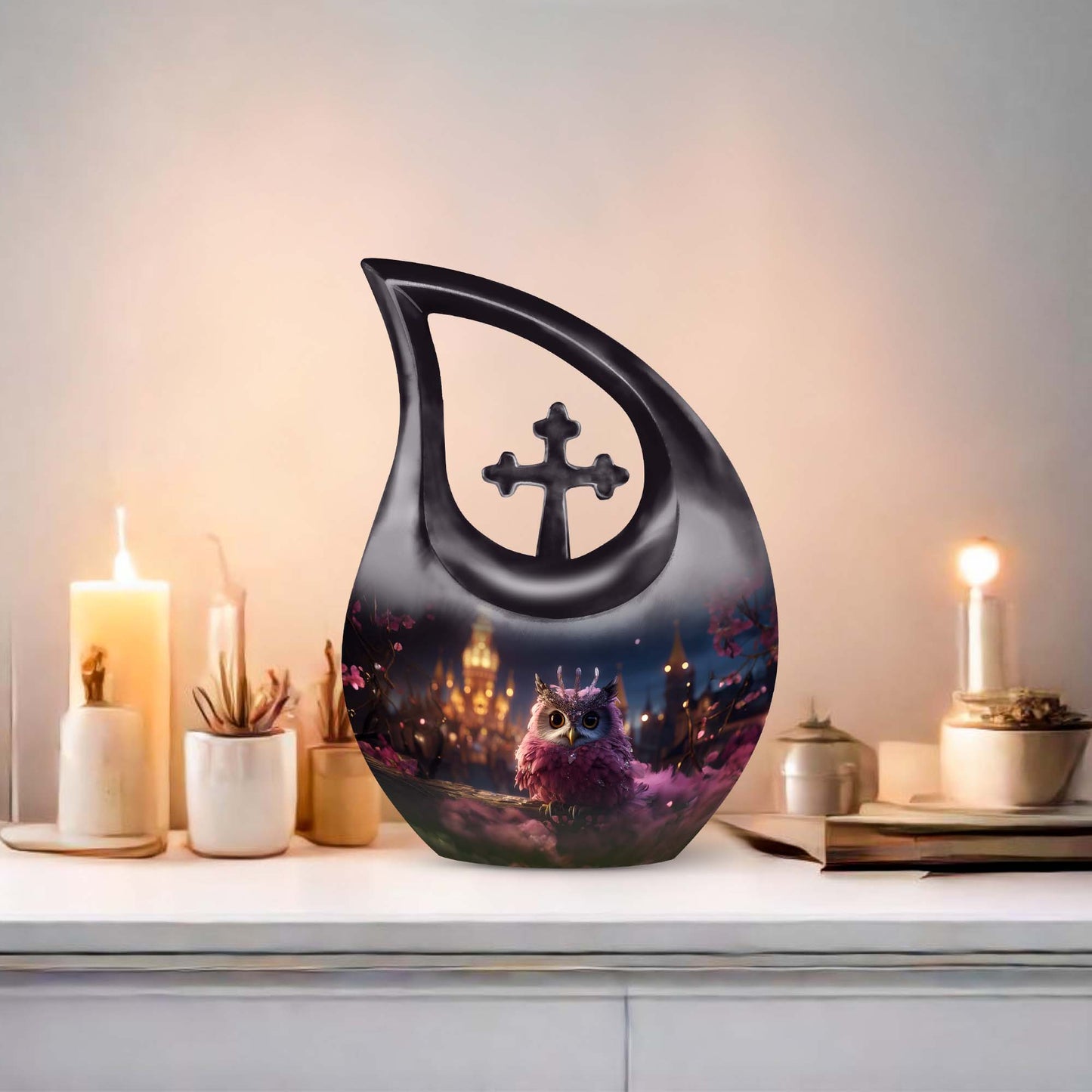 10 Inch Owl Themed Aluminium Urn with Cross Drop Design, 