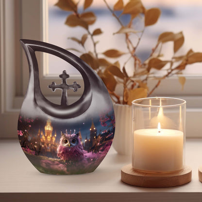 10 Inch Owl Themed Aluminium Urn with Cross Drop Design, 