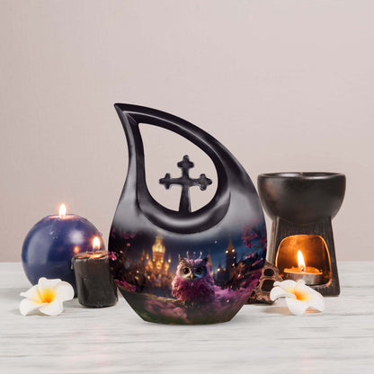 10 Inch Owl Themed Aluminium Urn with Cross Drop Design, 