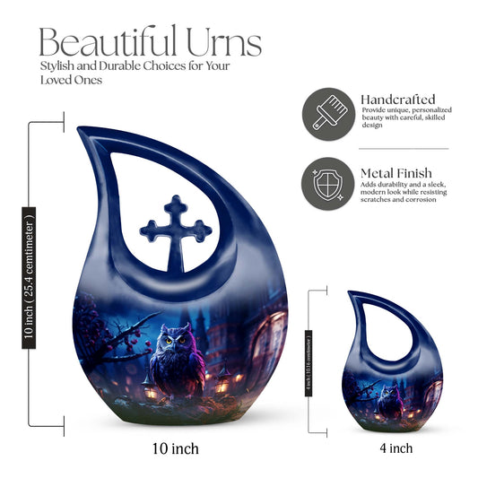 Large 10-inch Owl Urn with Cross Drop design,