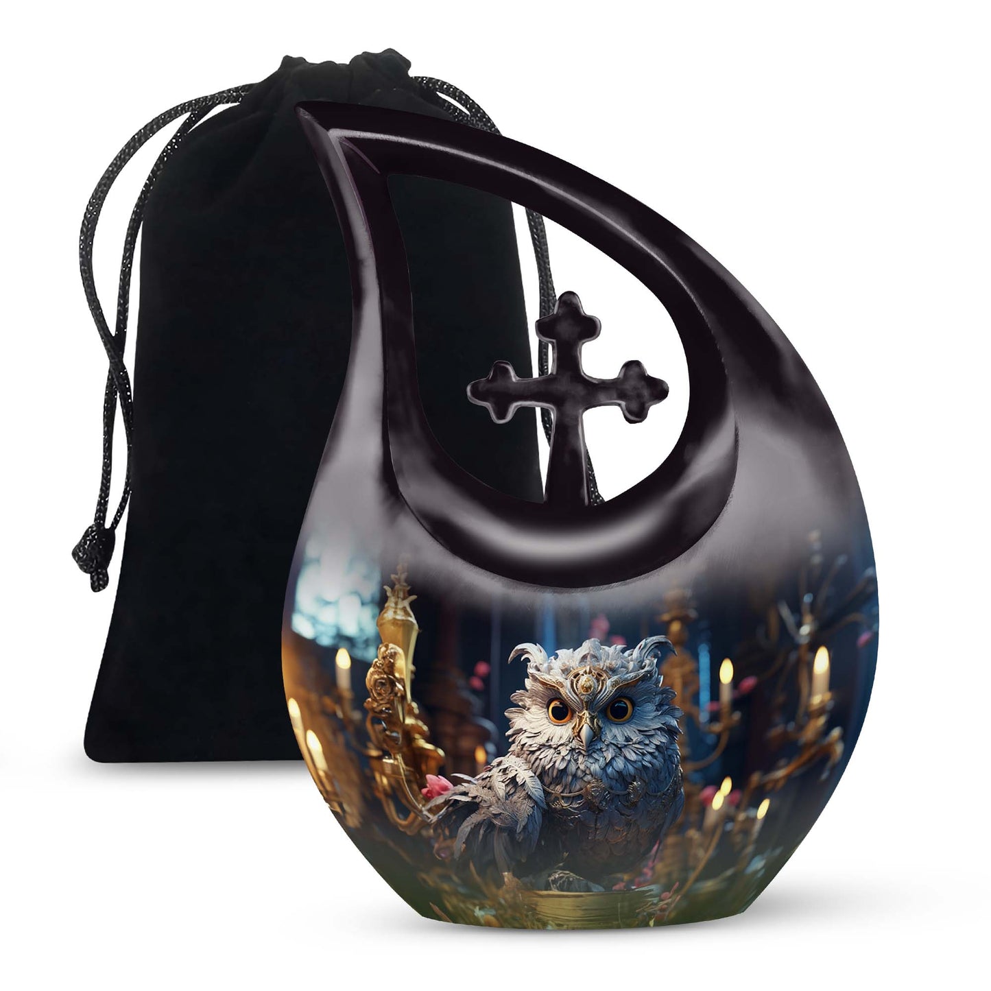 Customized 10-inch Owl Urn with Cross Drop Design, large 