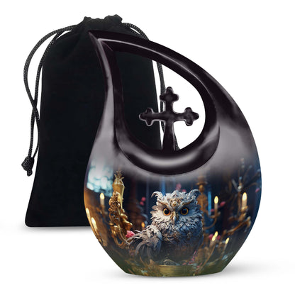 Customized 10-inch Owl Urn with Cross Drop Design, large 