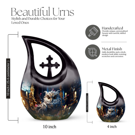 Customized 10-inch Owl Urn with Cross Drop Design, large 