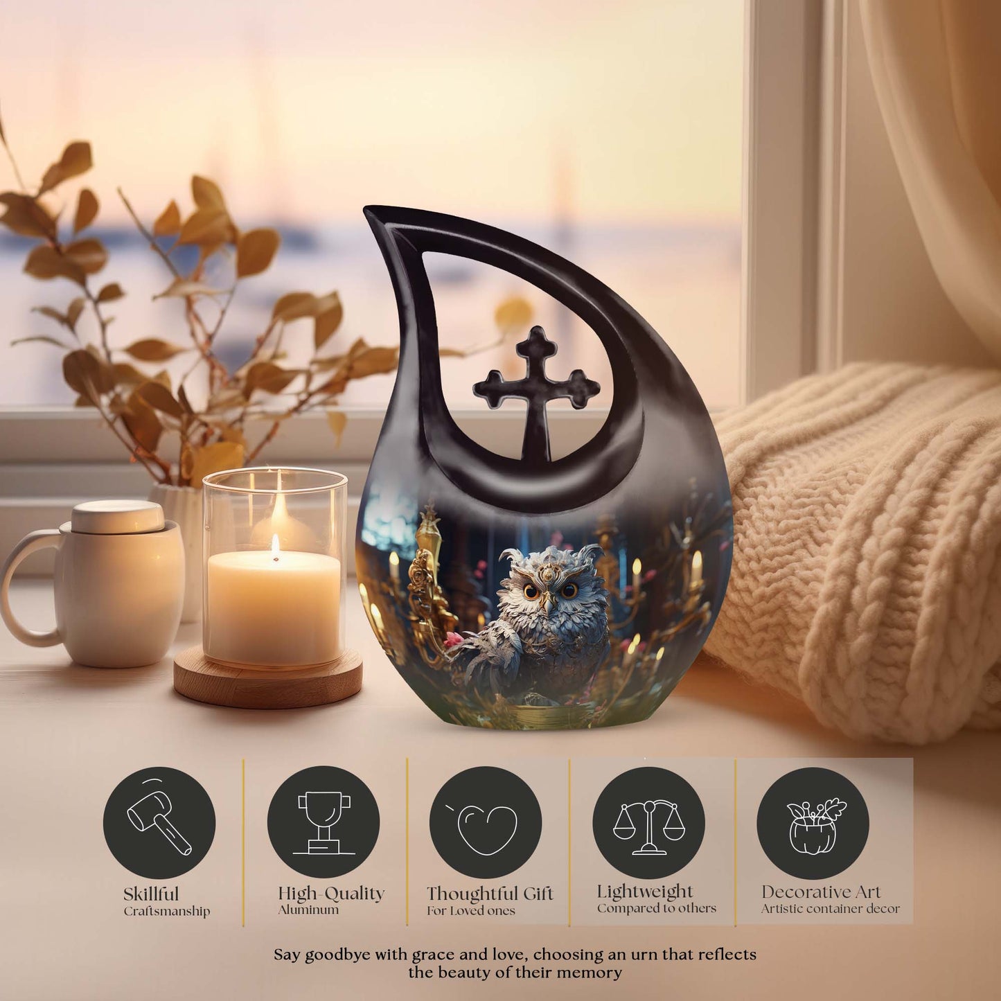 Customized 10-inch Owl Urn with Cross Drop Design, large 