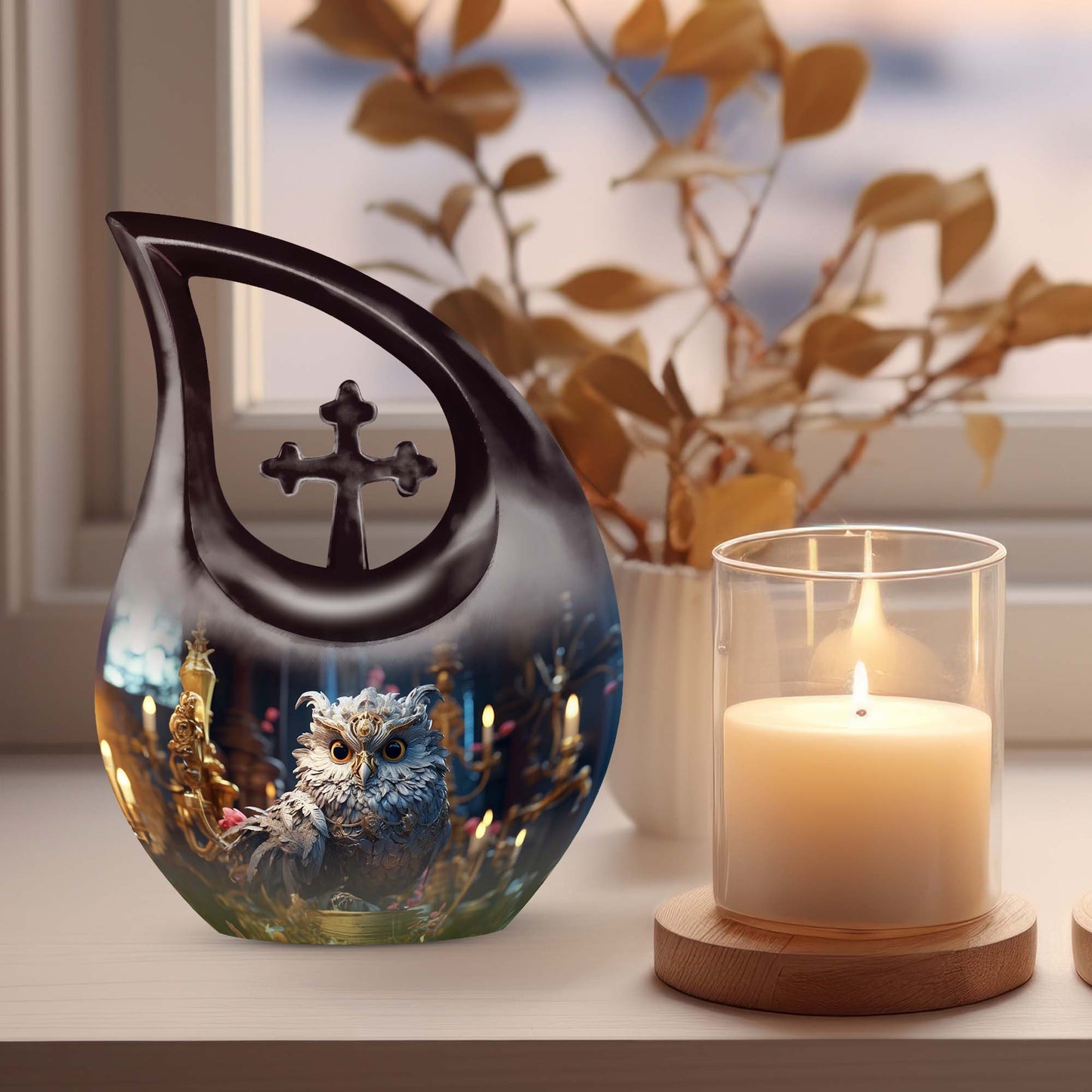 Customized 10-inch Owl Urn with Cross Drop Design, large 