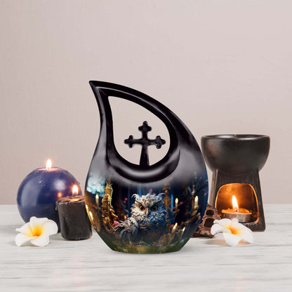 Customized 10-inch Owl Urn with Cross Drop Design, large 