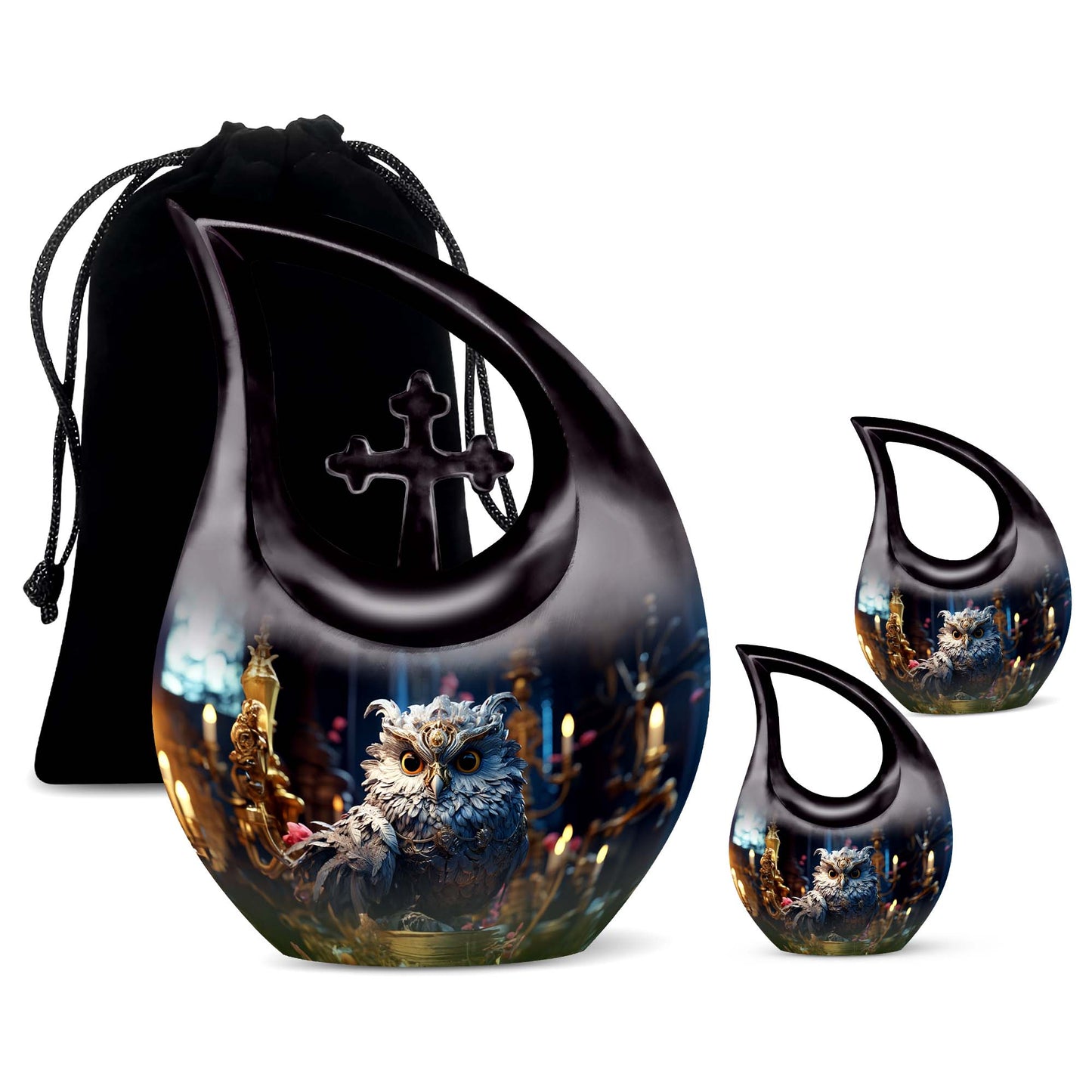 Customized 10-inch Owl Urn with Cross Drop Design, large 