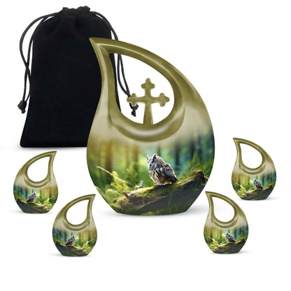 10-inch Aluminium Owl Urn with Cross Drop design, holds 