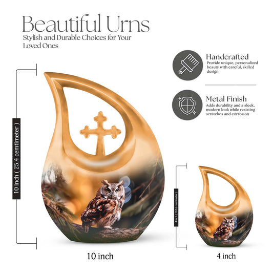 10-inch large Owl Urn, Cross Drop design, 