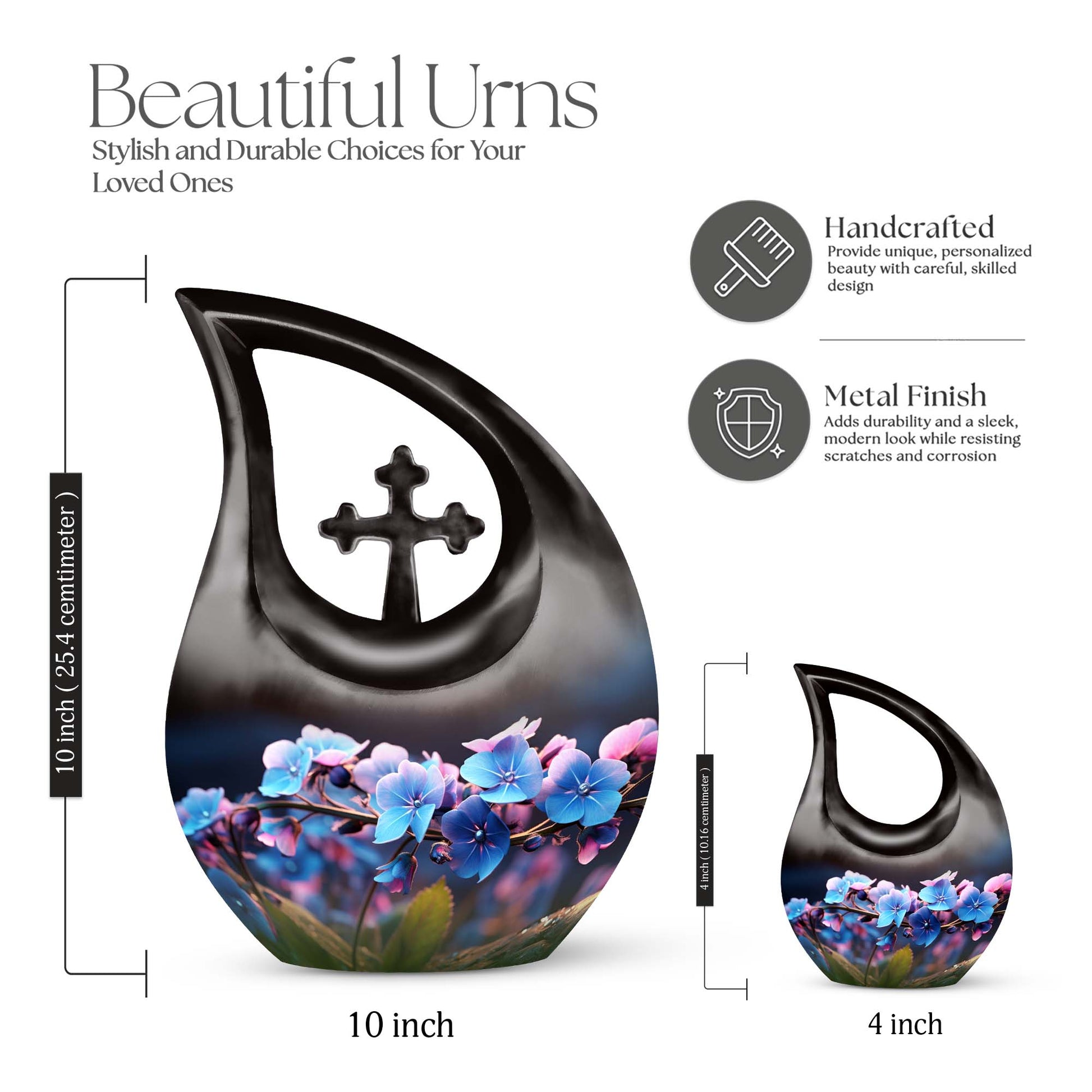 10-inch Flower Cross Drop design Gravable Large Memorial Urn