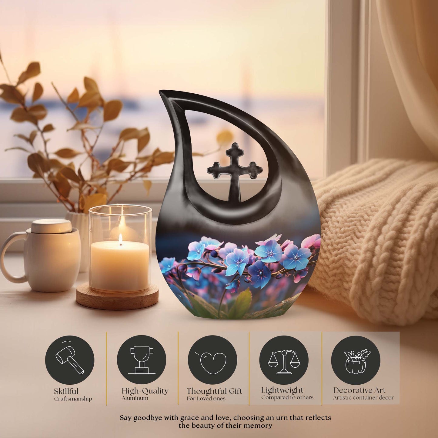 10-inch Flower Cross Drop design Gravable Large Memorial Urn