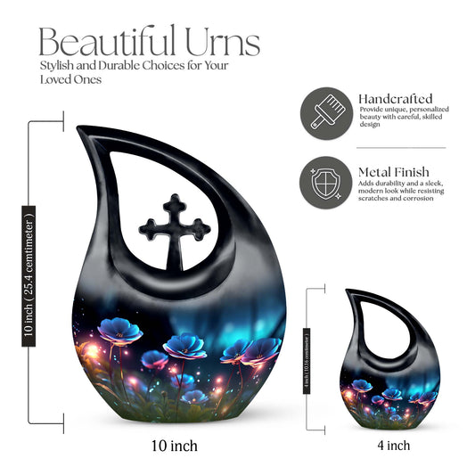 Flower themed Cross Drop design, 10-inch best cremation urn 