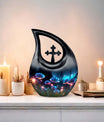 Flower themed Cross Drop design, 10-inch best cremation urn 