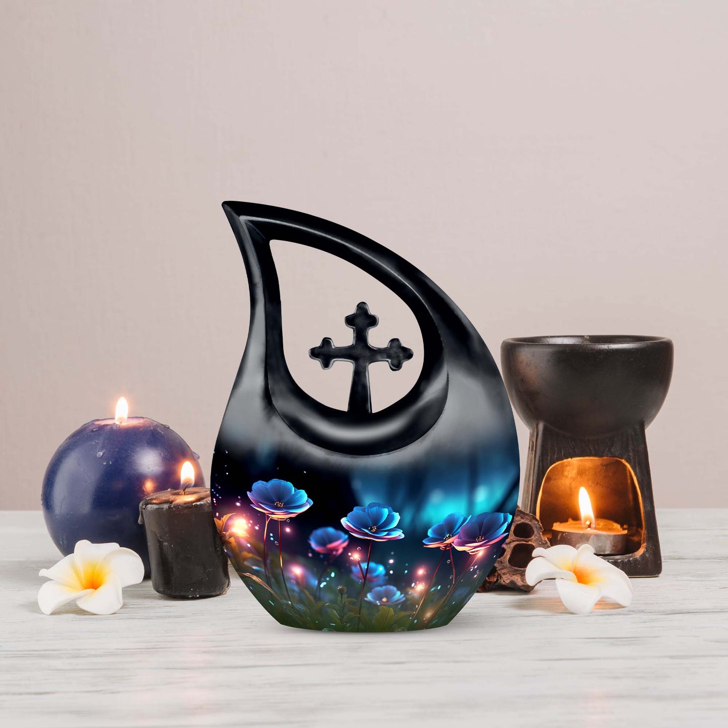 Flower themed Cross Drop design, 10-inch best cremation urn 