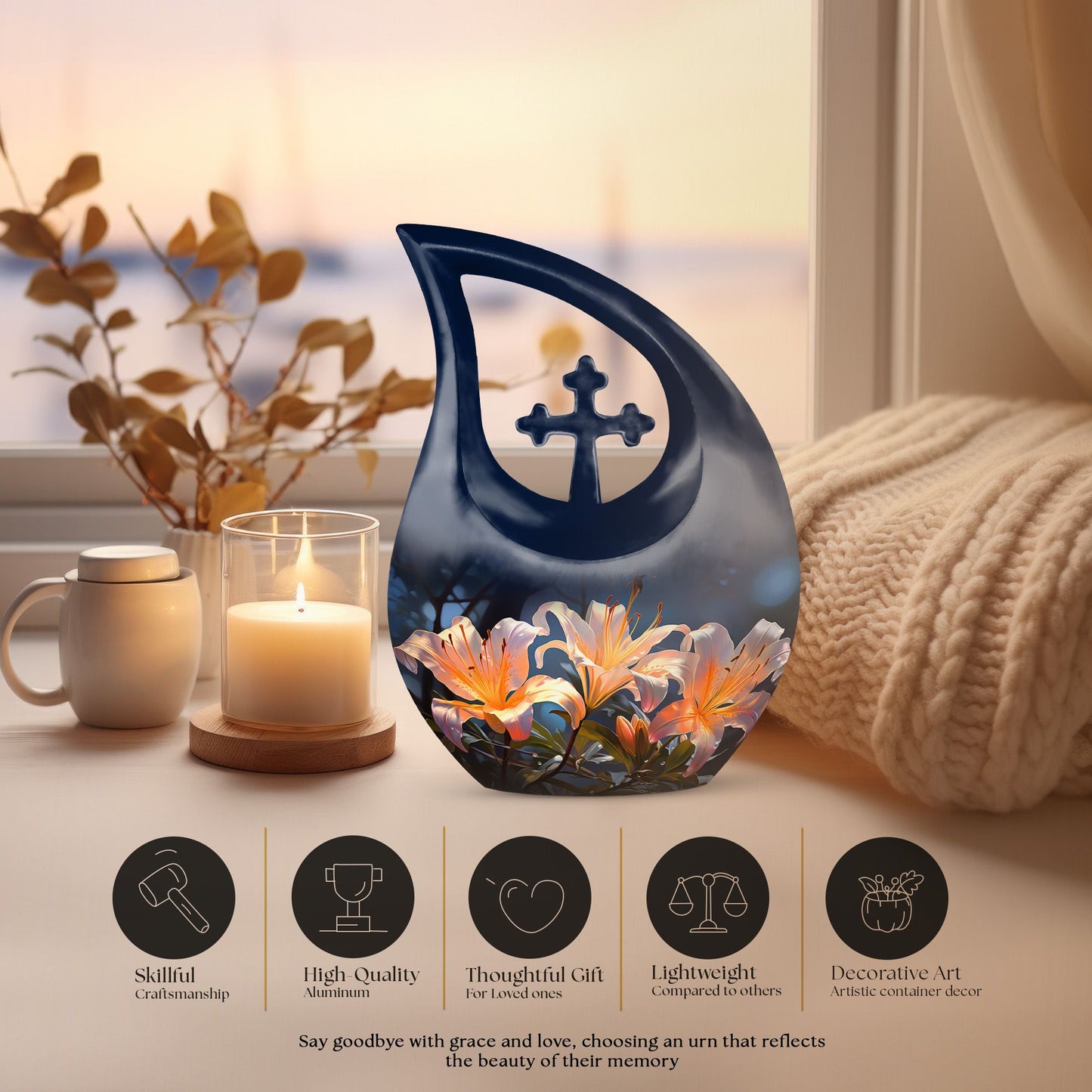 10-inch Lilly Flower Urn, Cross Drop design with Custom 