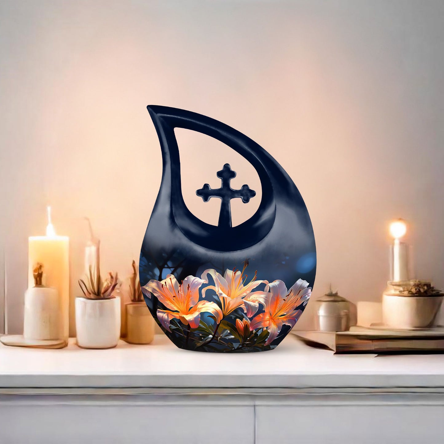 10-inch Lilly Flower Urn, Cross Drop design with Custom 