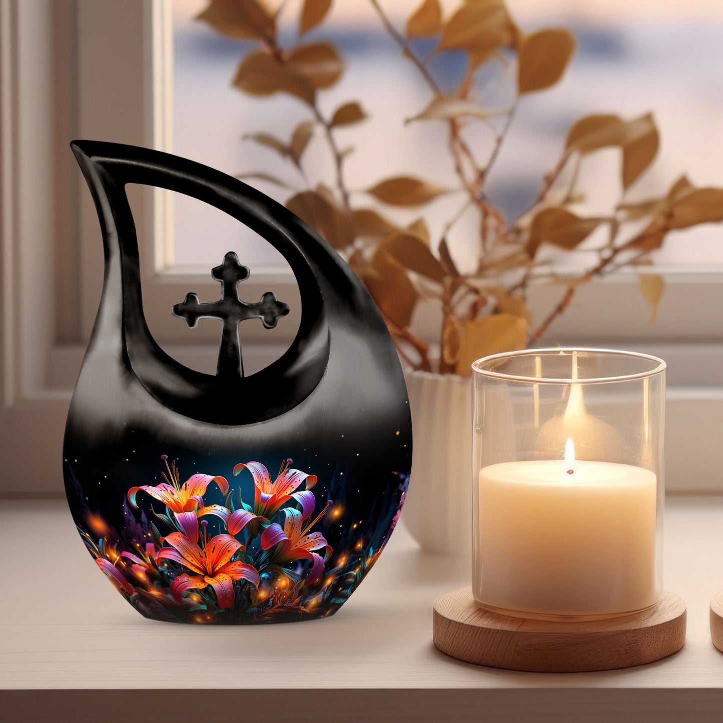 10 inch Lilly Flower Urn with Cross Drop design, includes 