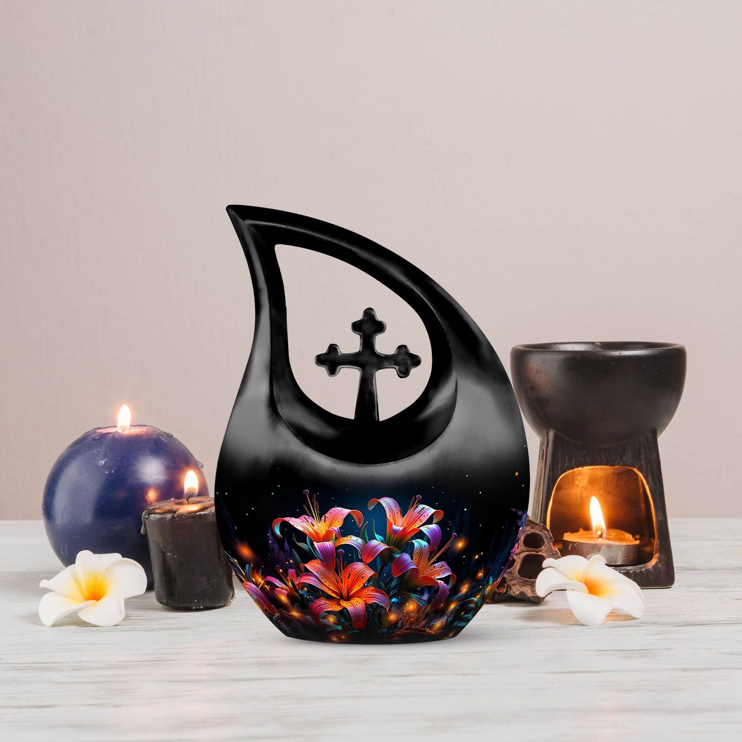 10 inch Lilly Flower Urn with Cross Drop design, includes 