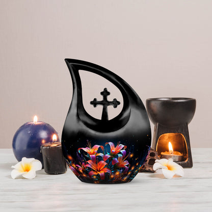 10 inch Lilly Flower Urn with Cross Drop design, includes 