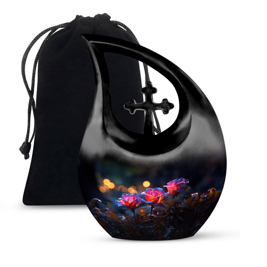 10-inch Rose Themed Cross Drop Design Stone Urn for Ashes