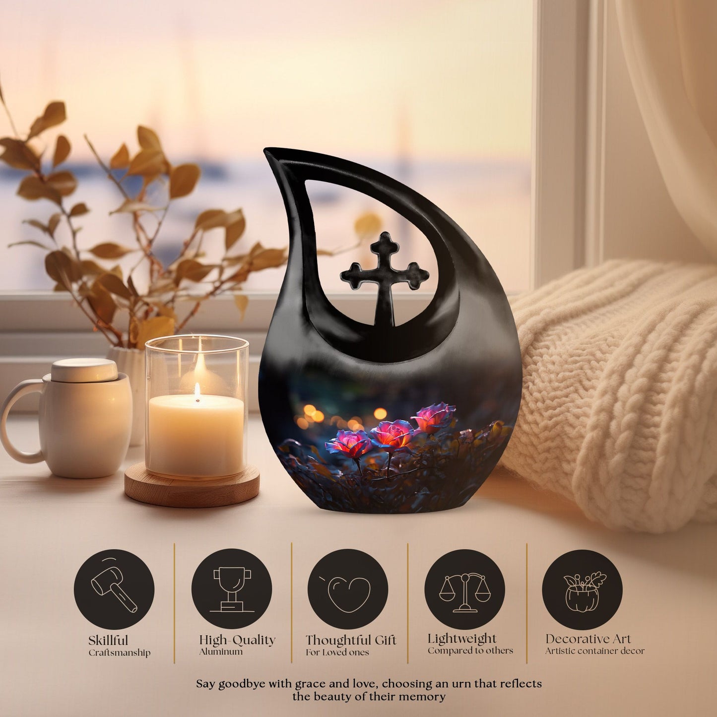 10-inch Rose Themed Cross Drop Design Stone Urn for Ashes