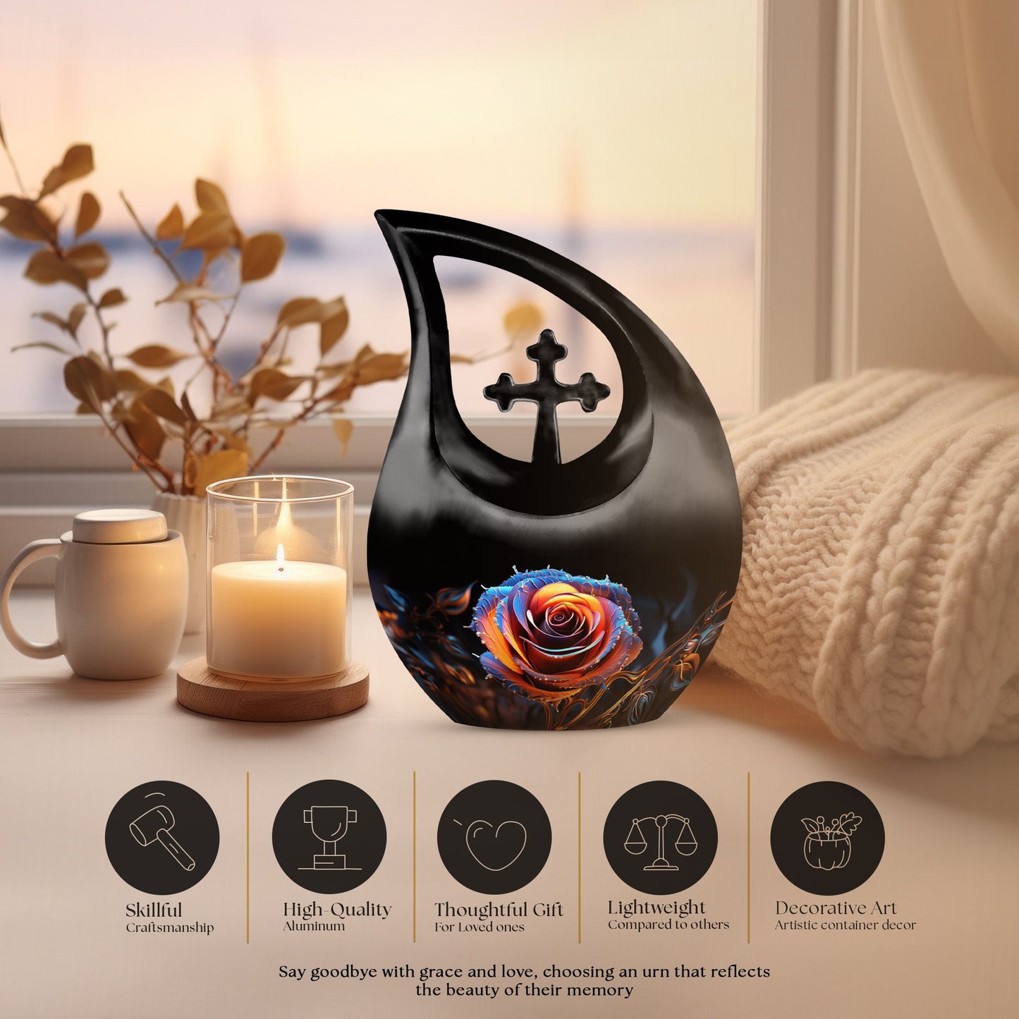 Customized Rose Urn, 10-Inch Cross Drop Design