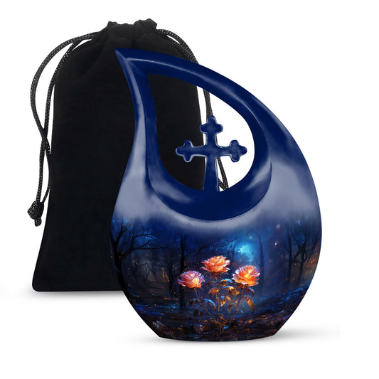 Rose themed Large Aluminium Cross Drop Design Urn for Ashes